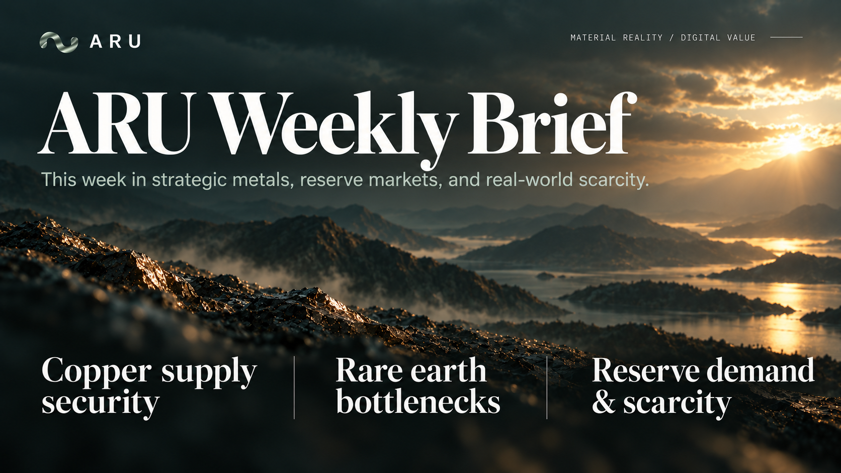 ARU Weekly Brief: copper supply security, rare earth bottlenecks, and reserve demand and scarcity, over a dark mineral landscape at sunrise.