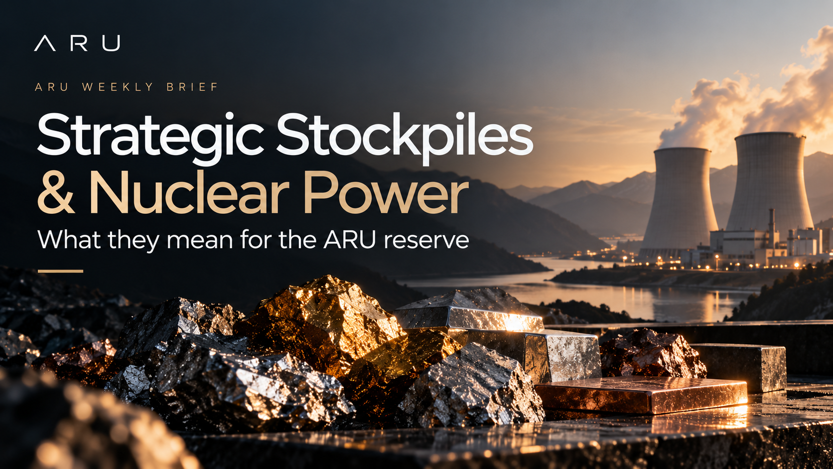 ARU Weekly Brief — Strategic Stockpiles & Nuclear Power. Metals and ingots beside a nuclear power station at sunset.